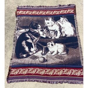 Vintage Goodwin Weavers Cat Family Woven Tapestry Throw Blanket Cotton USA Made